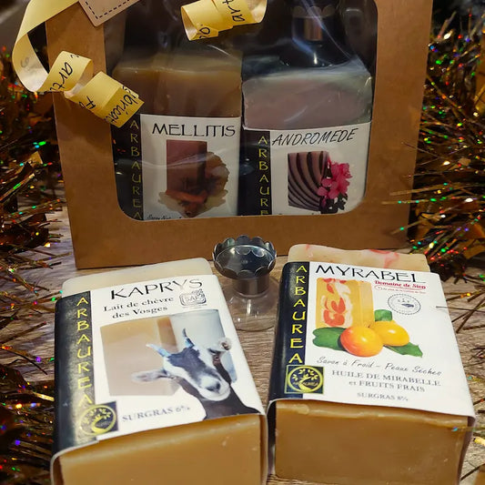 Coffret contenant 2 savons artisanaux et un porte savon magnétique dans un joli sac kat avec fenêtre, idéal pour un cadeau femme nature