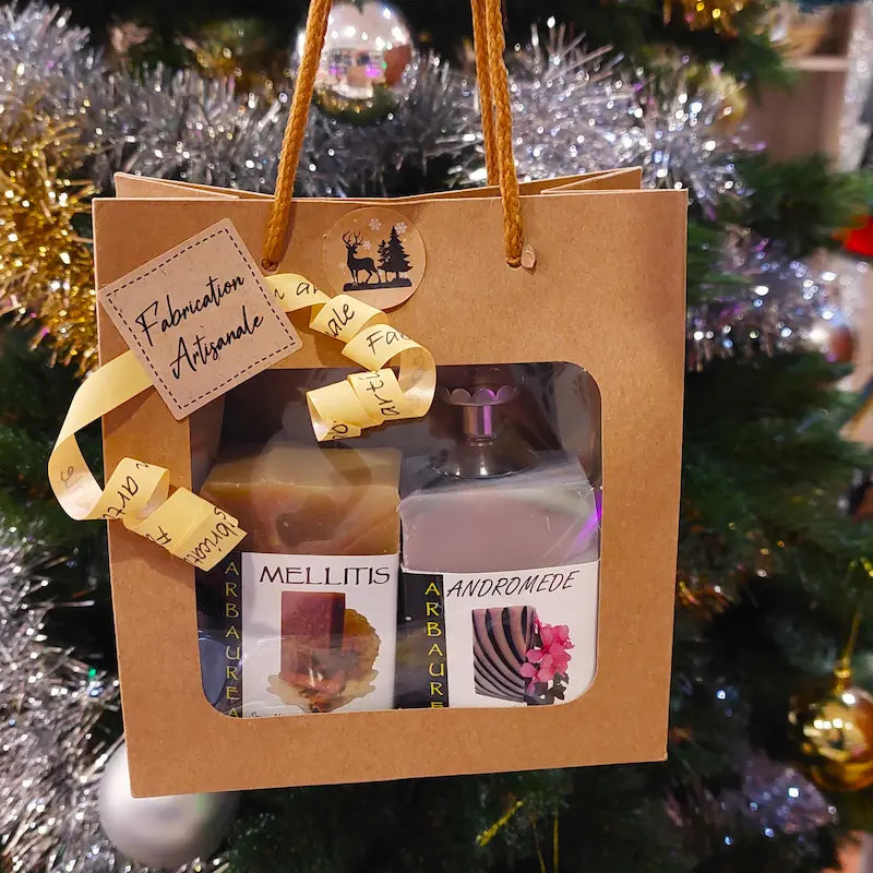 Cadeau de Noël idéal femme nature. Joli sac kraft avec une fenêtre contenant 2 savons et un porte savon magnétique