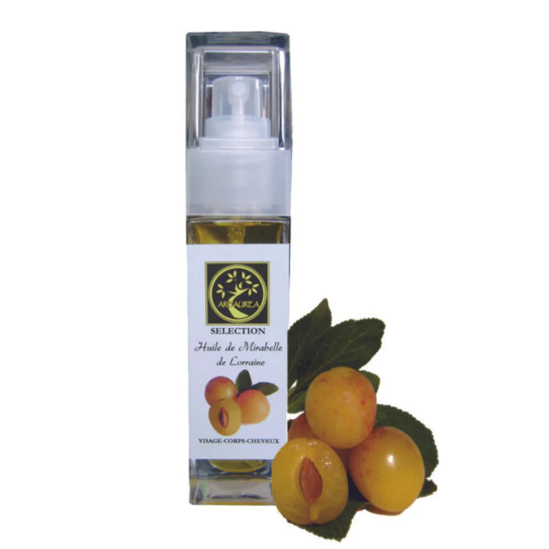 Flacon d'huile de mirabelle de lorraine et ses mirabelles