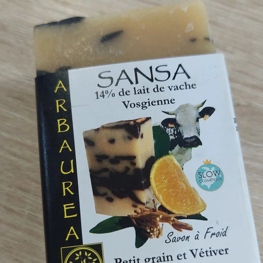 Savon SANSA - Lait de vache vosgienne, Petit Grain Et Vétiver Relaxants