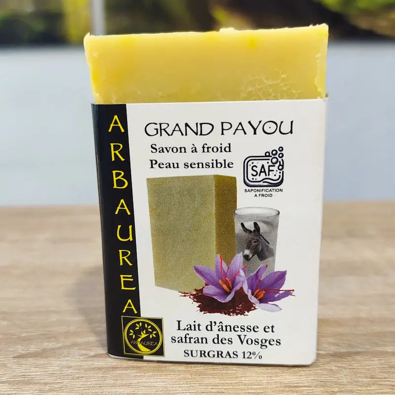 Savon à froid lait d'ânesse et Safran des Vosges pour le visage, grand format (100g), adapté aux peaux sensibles