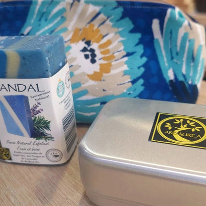 Savon exfoliant Lavandin Sapin et boete savon métal en aluminium